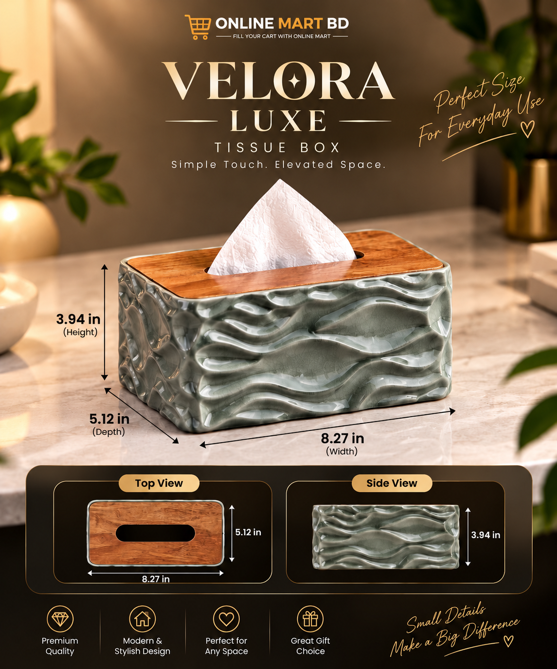 Velora Luxe Tissue Box Size